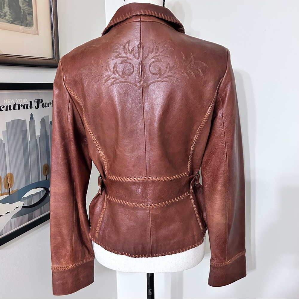 Y2K Aqua Cognac Brown Western Style Leather Blazer Floral Whipstitched Jacket M - Picture 2 of 8